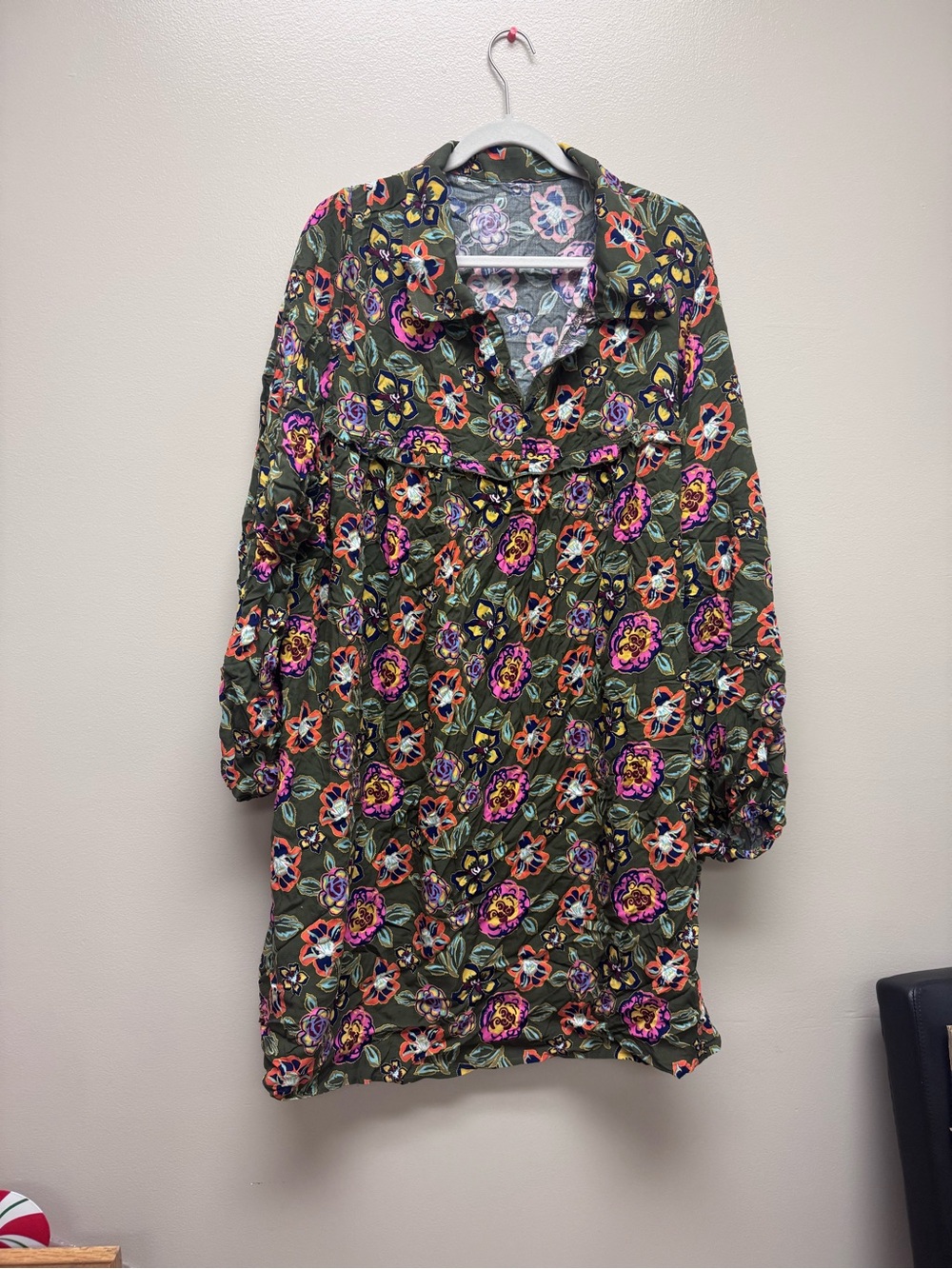 Floral Tunic Dress in Olive Green with Pink & Orange Flowers
